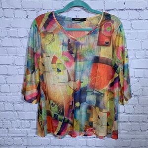 Radzoli Womens Sheer Patchwork Top Multi Size L Artsy Lagenlook Old Money Casual
